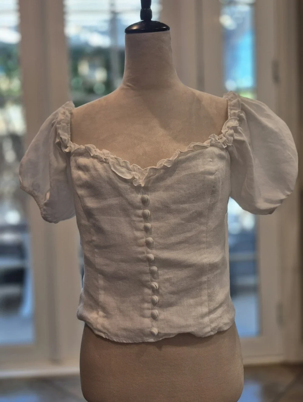 Reformation White Ruffle-Trim Square Neck Puff Sleeve Blouse